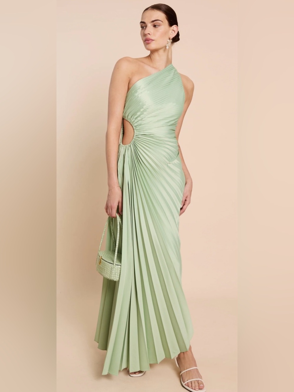 o.p.t. Perko Dress XS Soft Green NWT One Shoulder Pleated Midi Few Moda